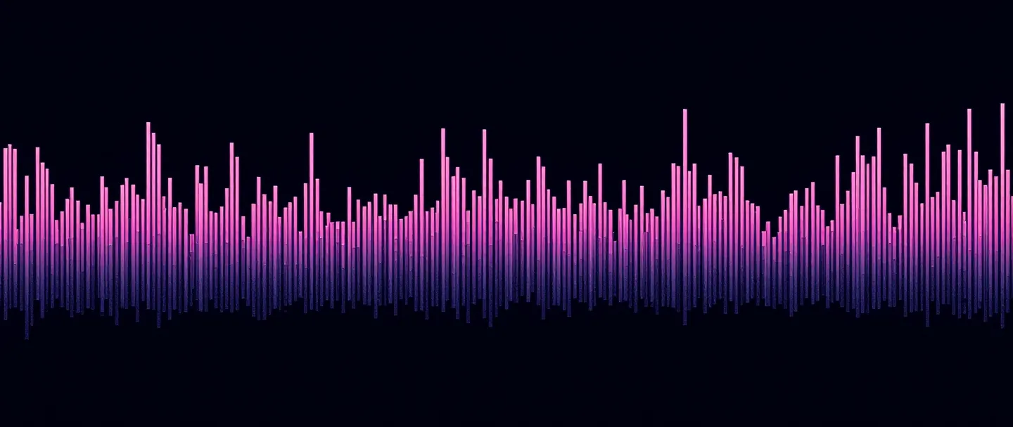 Abstract horizontal spectrogram in soft purple and blue-gray on deep ink, representing a spoken-question waveform